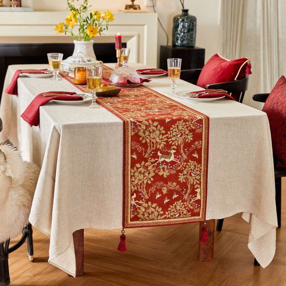 Red and Golden Christmas Deer Table Runner, Tassel Holiday Decor