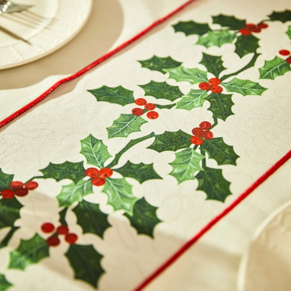 Holly Berry Christmas Tablecloth, Custom Size Terylene Blend, Festive Red Green Holiday Decor