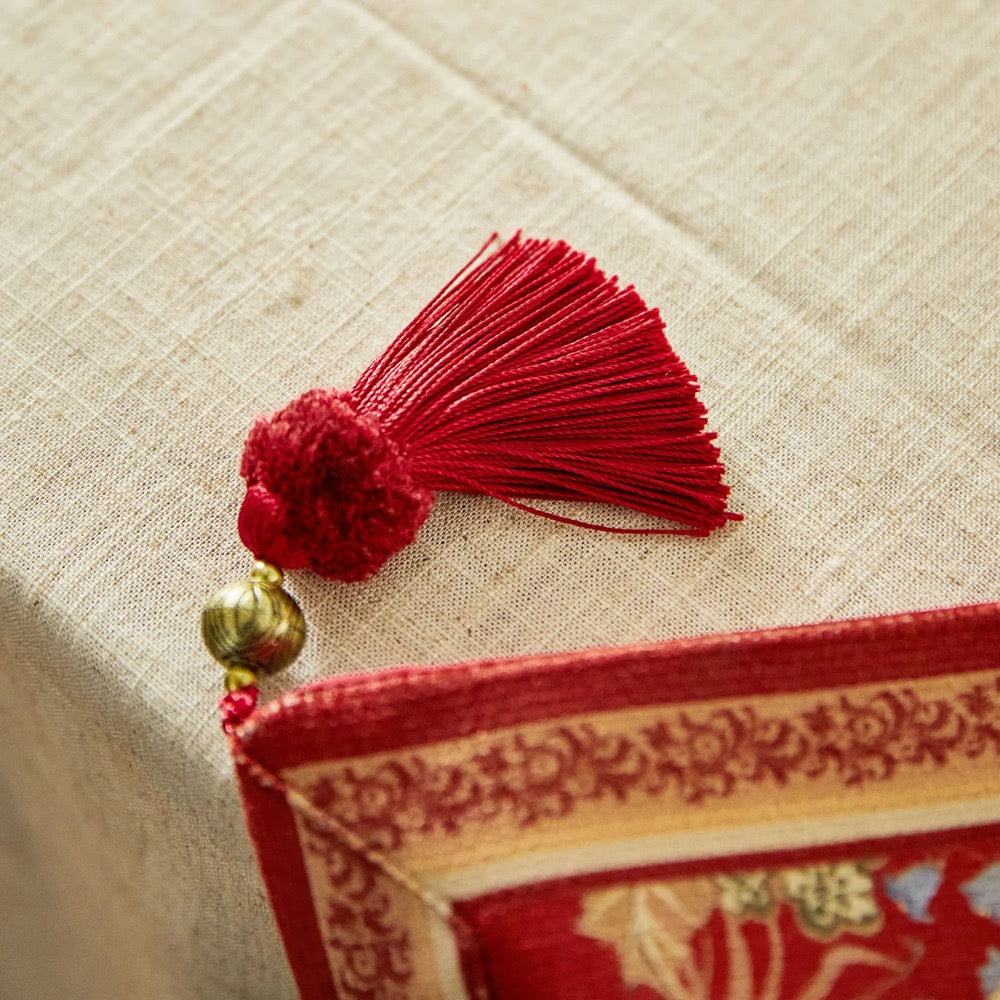 Red and Golden Christmas Deer Table Runner, Tassel Holiday Decor