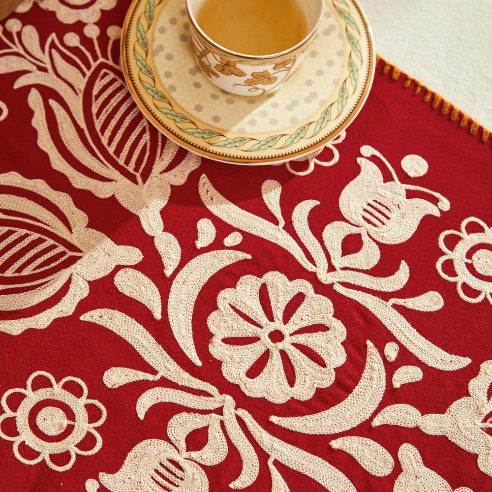 Festive Red Floral Table Runner for Christmas Dining, Elegant Embroidered Tweed Holiday Home Decor