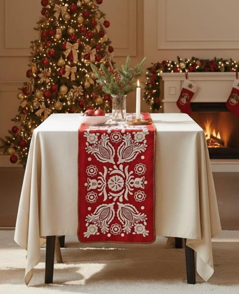 Festive Red Floral Table Runner for Christmas Dining, Elegant Embroidered Tweed Holiday Home Decor