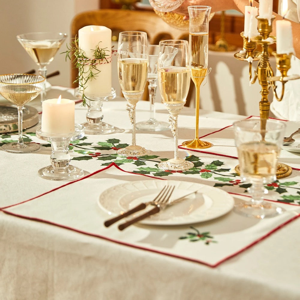 Holly Berry Christmas Tablecloth, Custom Size Terylene Blend, Festive Red Green Holiday Decor