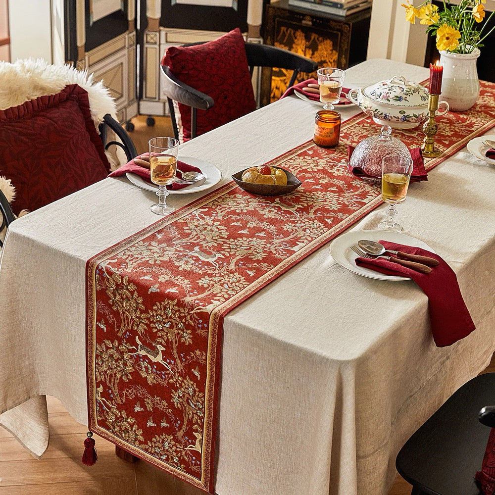 Red and Golden Christmas Deer Table Runner, Tassel Holiday Decor