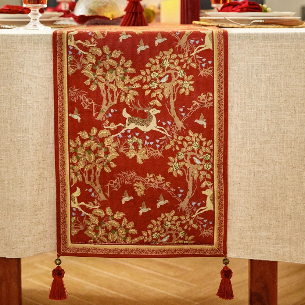 Red and Golden Christmas Deer Table Runner, Tassel Holiday Decor