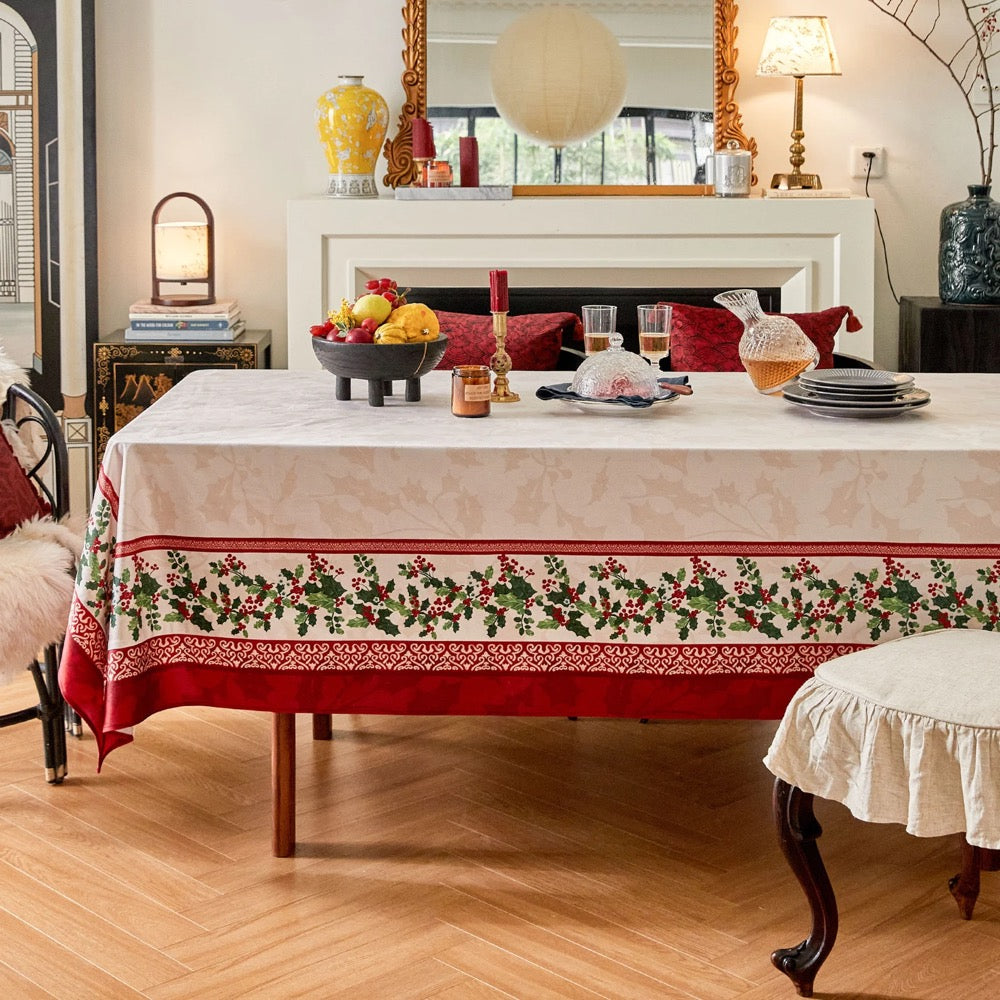 Christmas Holly Berry Tablecloth, Custom Size Rustic Waterproof Design, Festive Holiday Dining Decor