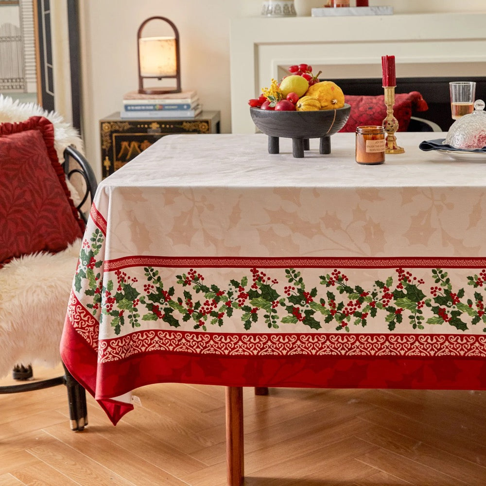 Christmas Holly Berry Tablecloth, Custom Size Rustic Waterproof Design, Festive Holiday Dining Decor